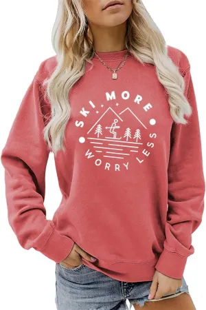 Ski More Worry Less Sweatshirt, Winter Sports Sweater Women Skiing Trip Shirt Crewneck Graphic Pullover Holiday Tops