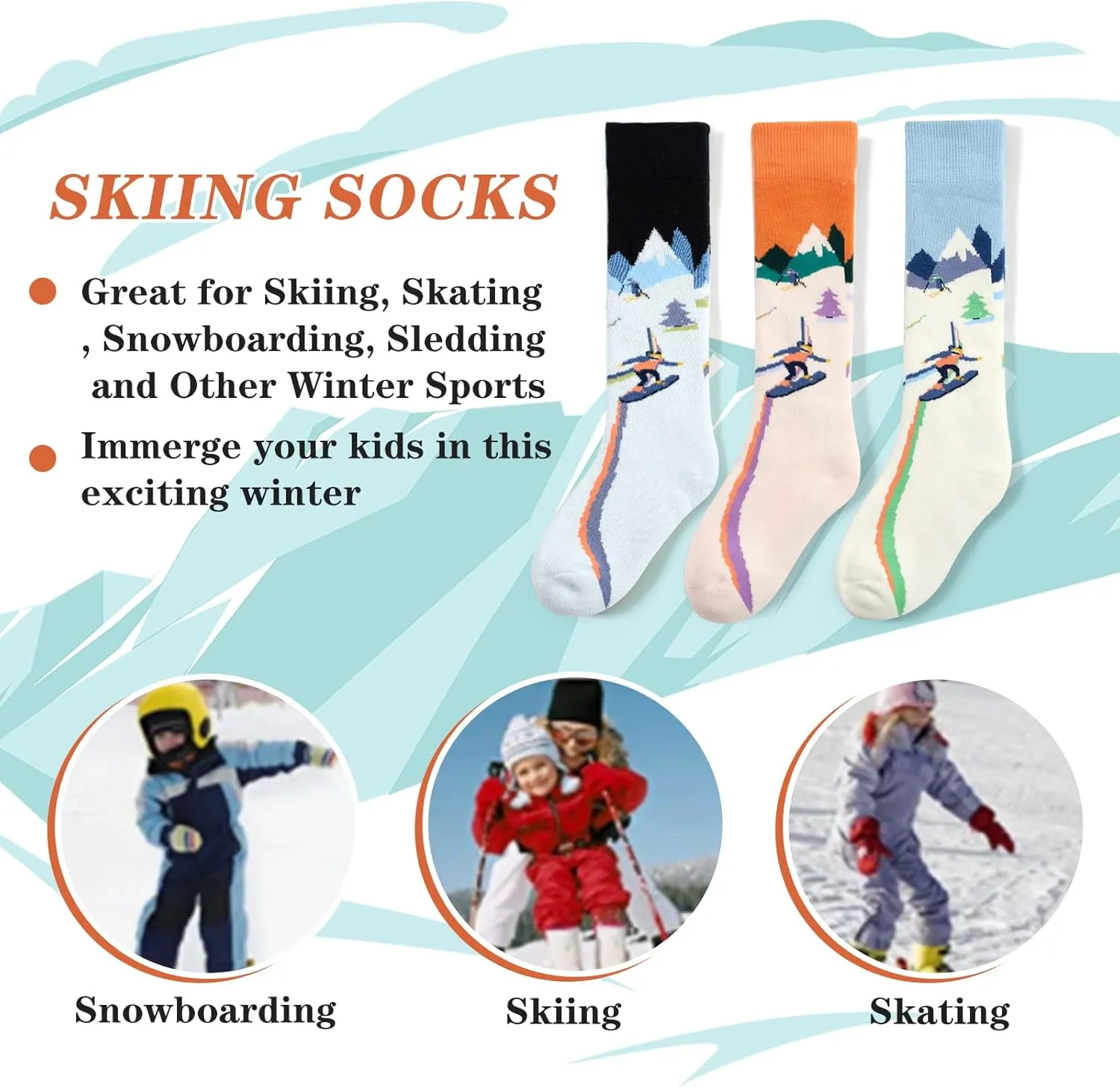Ski Socks Kids Boys Winter Warm Snowboarding Socks for Boys Girls Thick Thermal Skating Socks 3 Pack