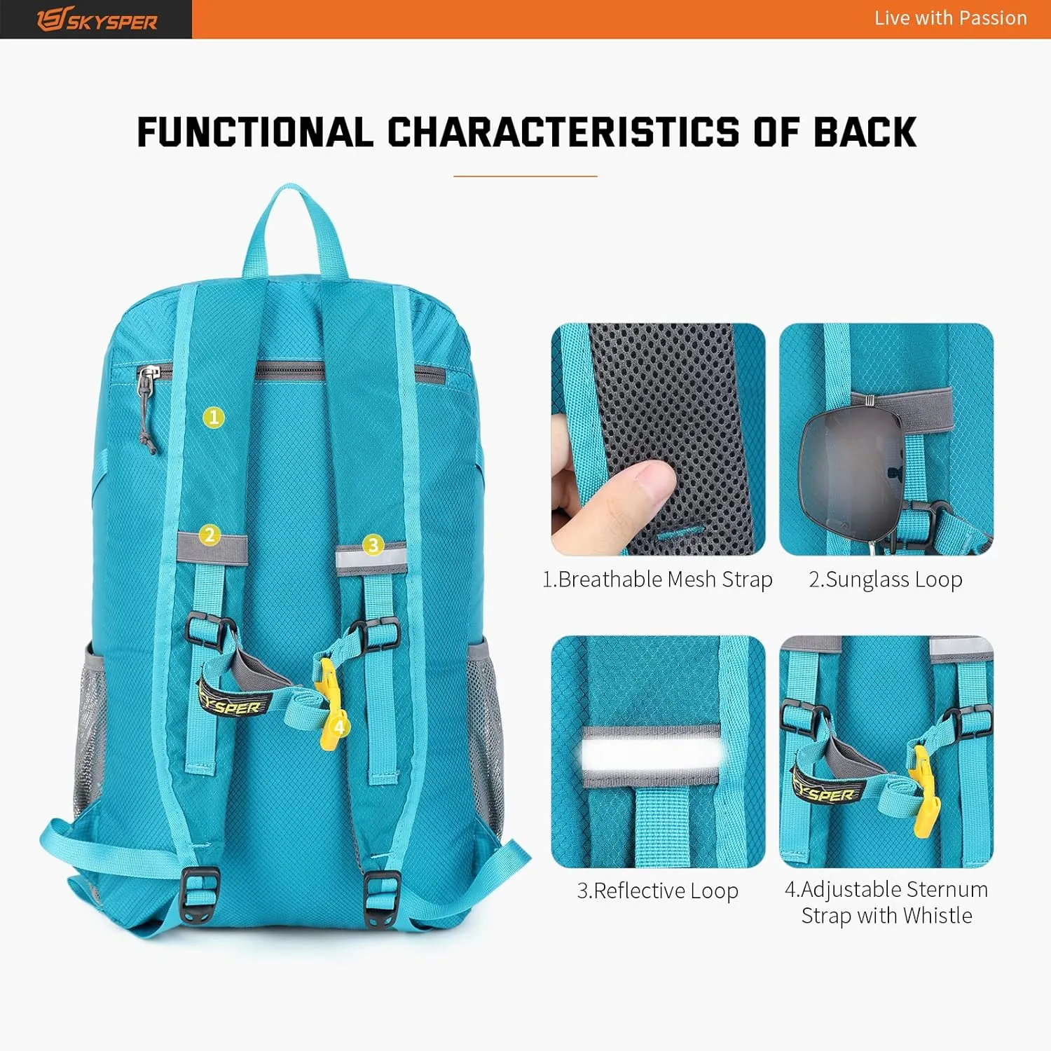 SKYSPER Lightweight Packable Backpack - 30L Hiking Daypack with Wet Pocket Foldable Travel Carry-on Backpack for Women Men