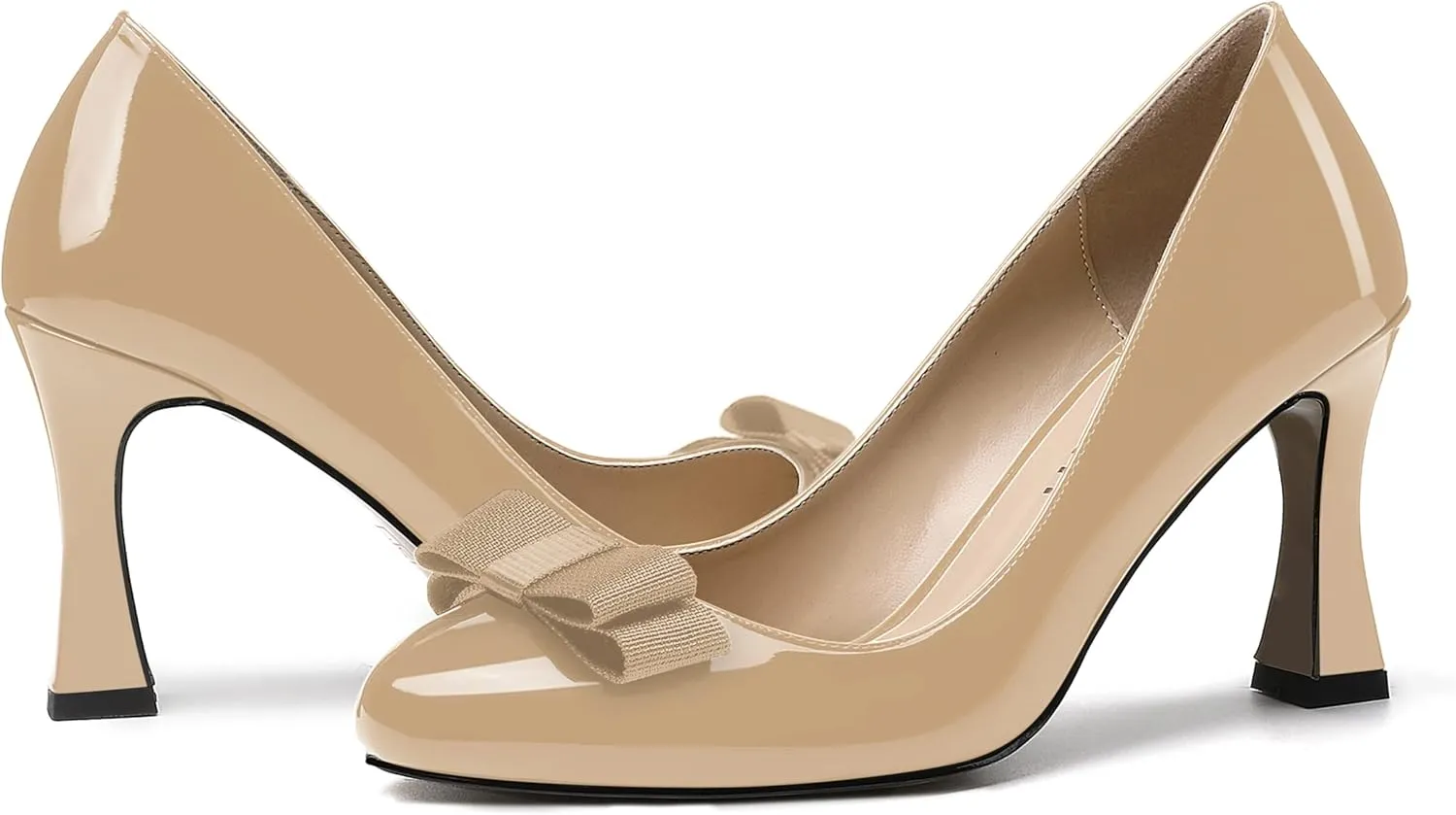 SKYSTERRY Women's Slip On Bow Patent Round Toe Casual Dating Spool High Heel Pumps Shoes 3.3 Inch