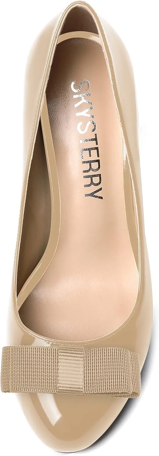 SKYSTERRY Women's Slip On Bow Patent Round Toe Casual Dating Spool High Heel Pumps Shoes 3.3 Inch