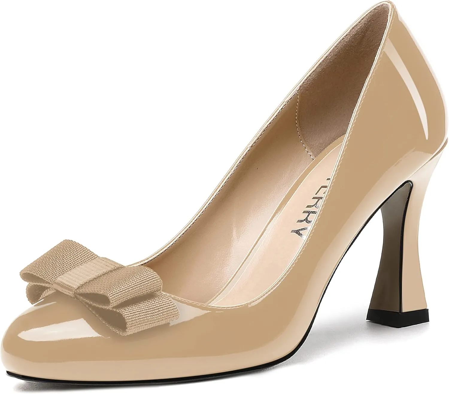 SKYSTERRY Women's Slip On Bow Patent Round Toe Casual Dating Spool High Heel Pumps Shoes 3.3 Inch