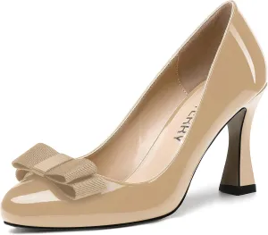 SKYSTERRY Women's Slip On Bow Patent Round Toe Casual Dating Spool High Heel Pumps Shoes 3.3 Inch