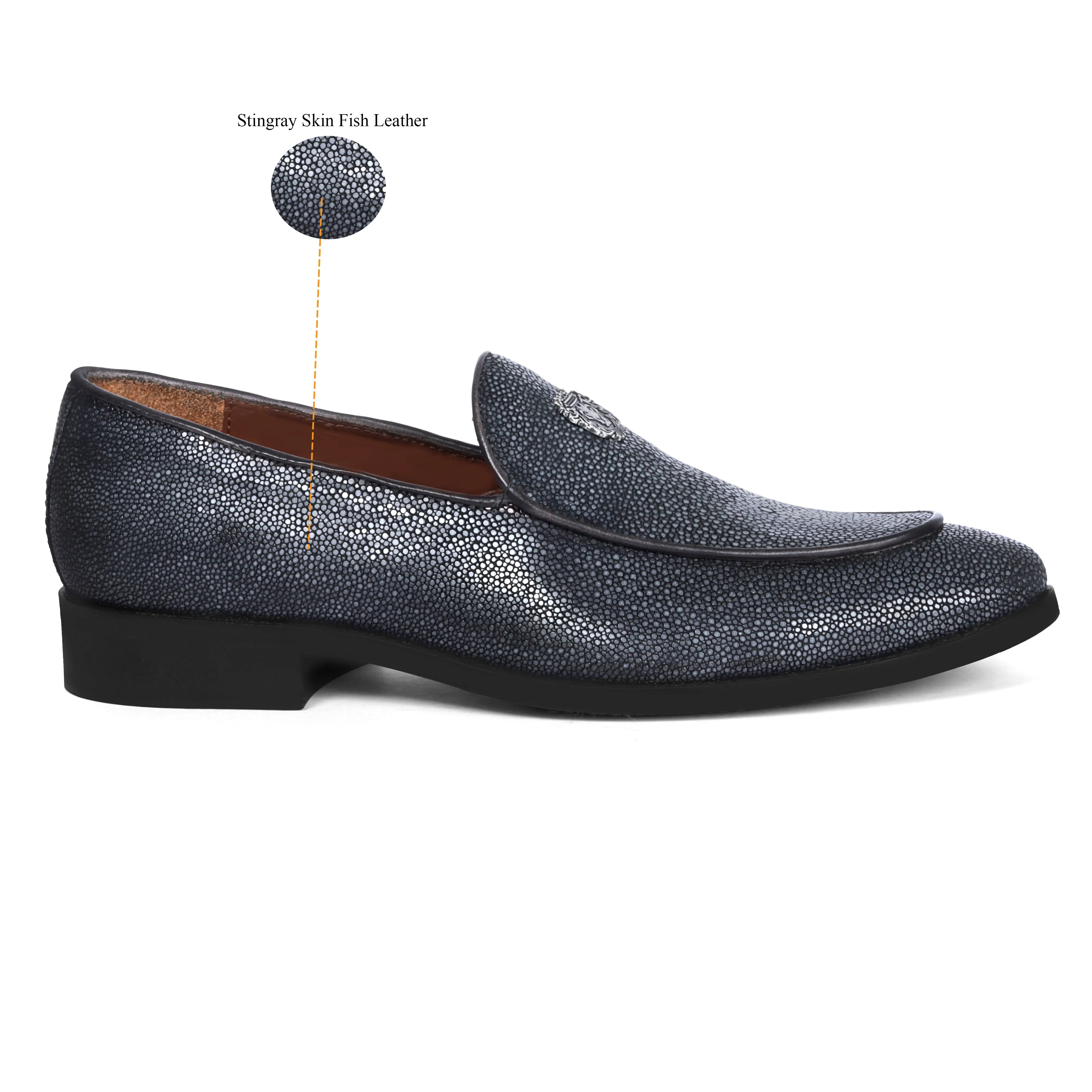 Sleek Round Toe Penny Loafer in Premium Stingray Fish Grey Leather Slip-On