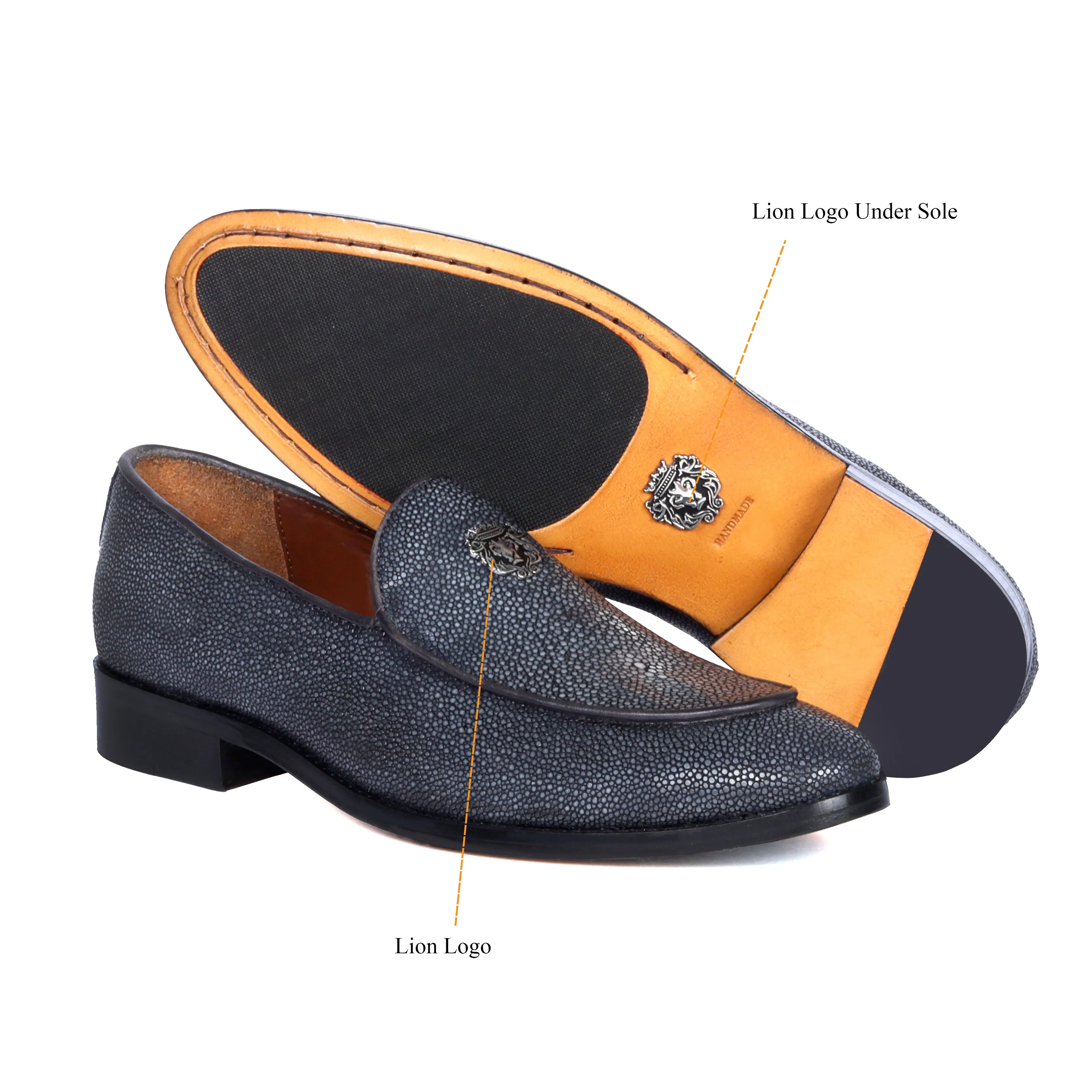 Sleek Round Toe Penny Loafer in Premium Stingray Fish Grey Leather Slip-On