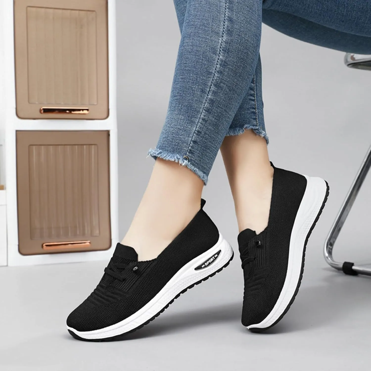 Slip On Orthopedic Sneakers Women Breathable Mesh Knitted Woven Low Top Walking Shoes Lightweight Wide Width Soft Sole Arch Support Non-Slip Shoes