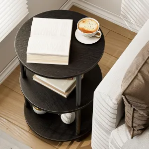 Small Round End Table - 3 Tier Design Accent Table, Narrow Side or Bedside Stand, Industrial Vintage Nightstand for Bedroom, Living Room, or Small Spaces, Charcoal Wenge