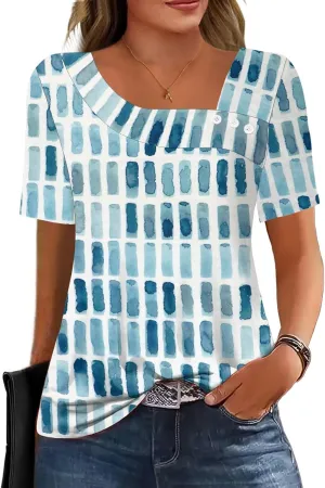 Soesdemo Womens Summer Tops Asymmetrical Neck Short Sleeve Button Dressy Casual Lightweight Tunic T Shirts Blouse