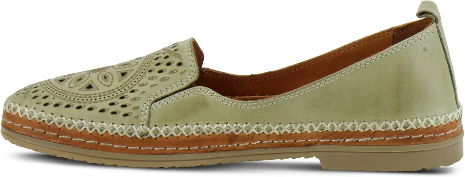 Spring Step Women's Ingrid Slip-On Premium Leather Loafers - Laser Cutout Design, Elastic Goring, Lightweight Flat Sole