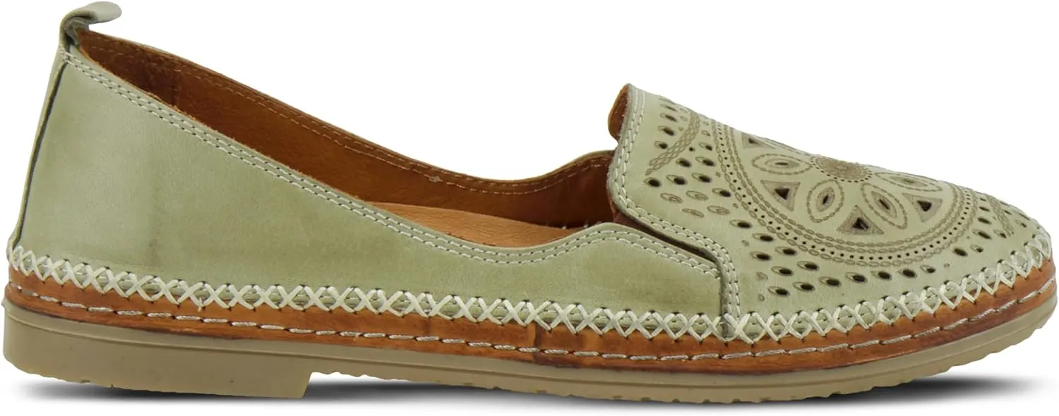 Spring Step Women's Ingrid Slip-On Premium Leather Loafers - Laser Cutout Design, Elastic Goring, Lightweight Flat Sole
