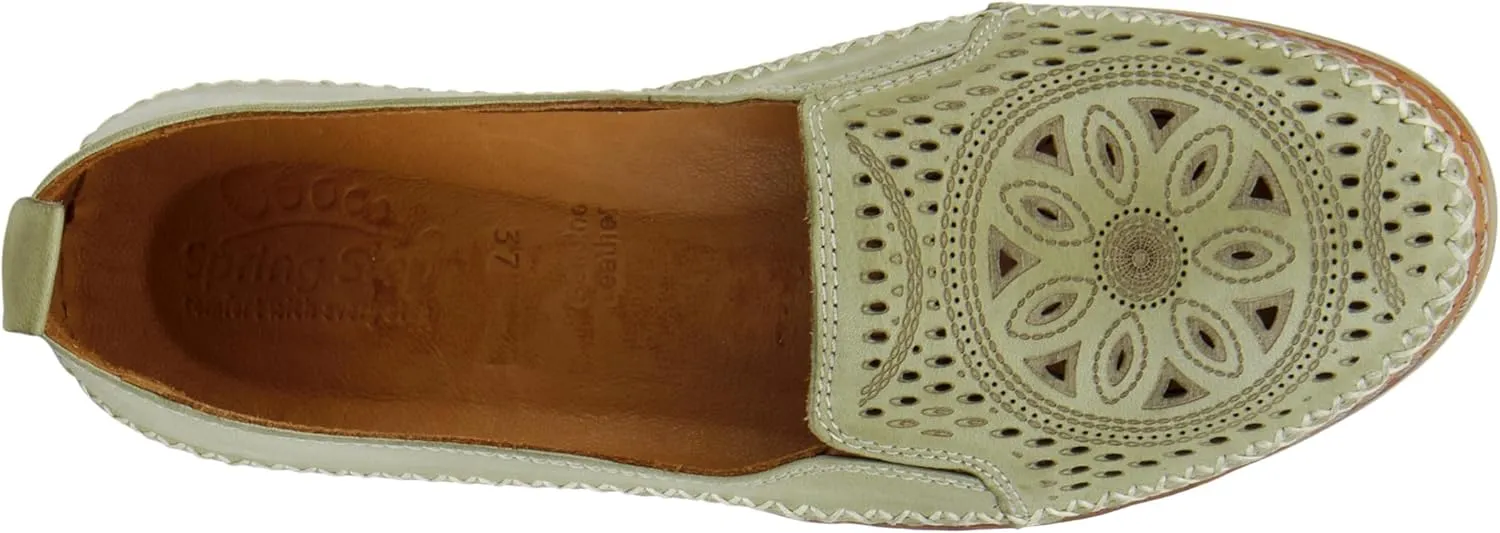 Spring Step Women's Ingrid Slip-On Premium Leather Loafers - Laser Cutout Design, Elastic Goring, Lightweight Flat Sole