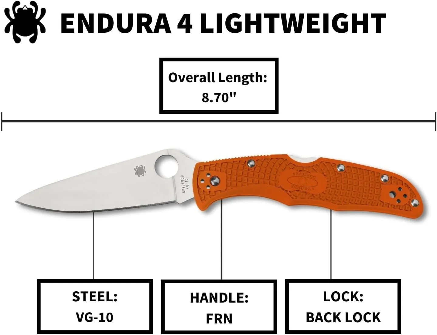 Spyderco Endura 4 Lightweight Signature Knife with 3.80" VG-10 Steel Blade and Orange FRN Handle - PlainEdge - C10FPOR