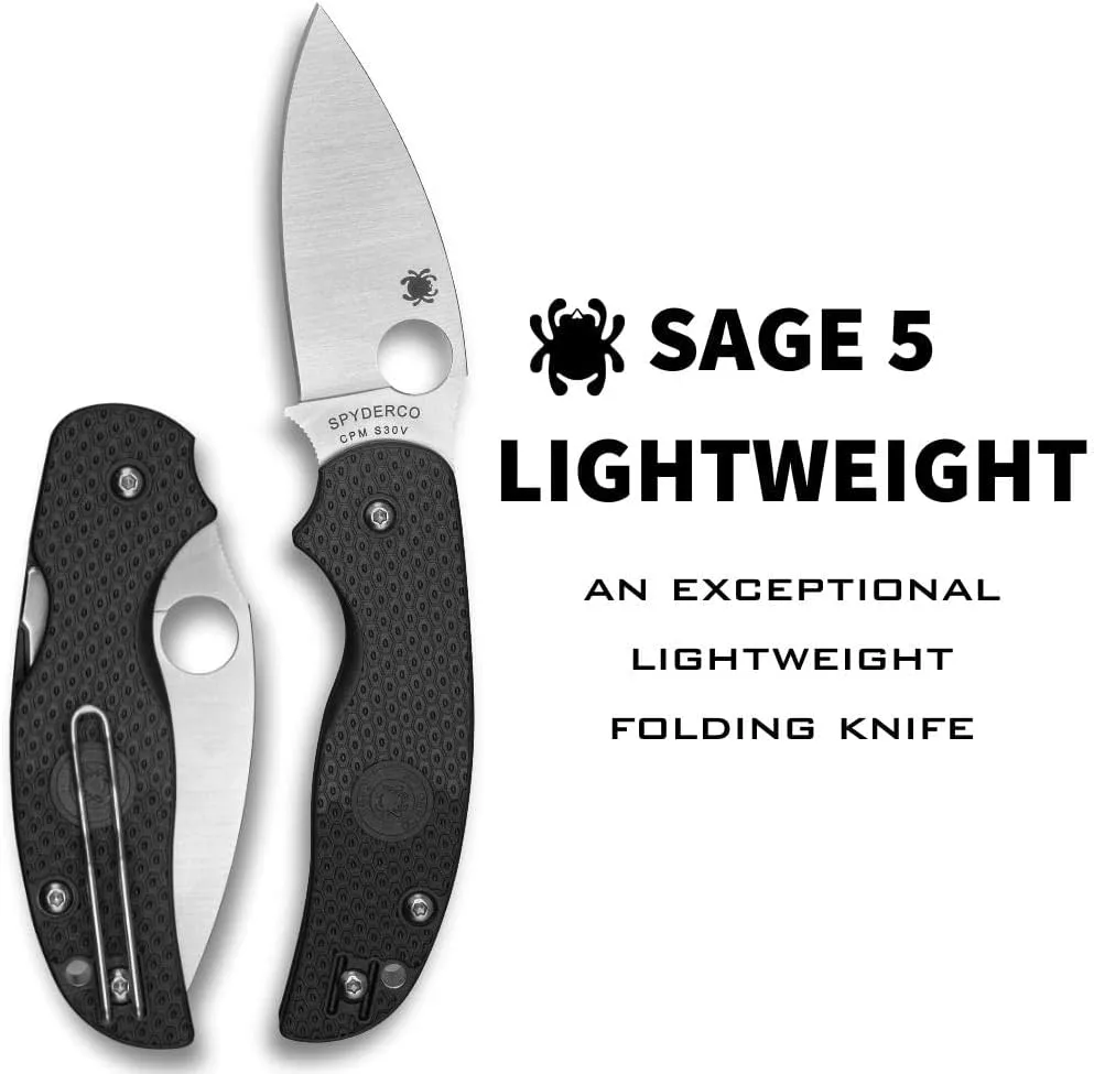 Spyderco Sage 5 Lightweight Folding Utility Pocket Knife with Black FRN Handle and Full-Flat CPM S30V Steel Blade - PlainEdge - Everyday Carry - C123PBK