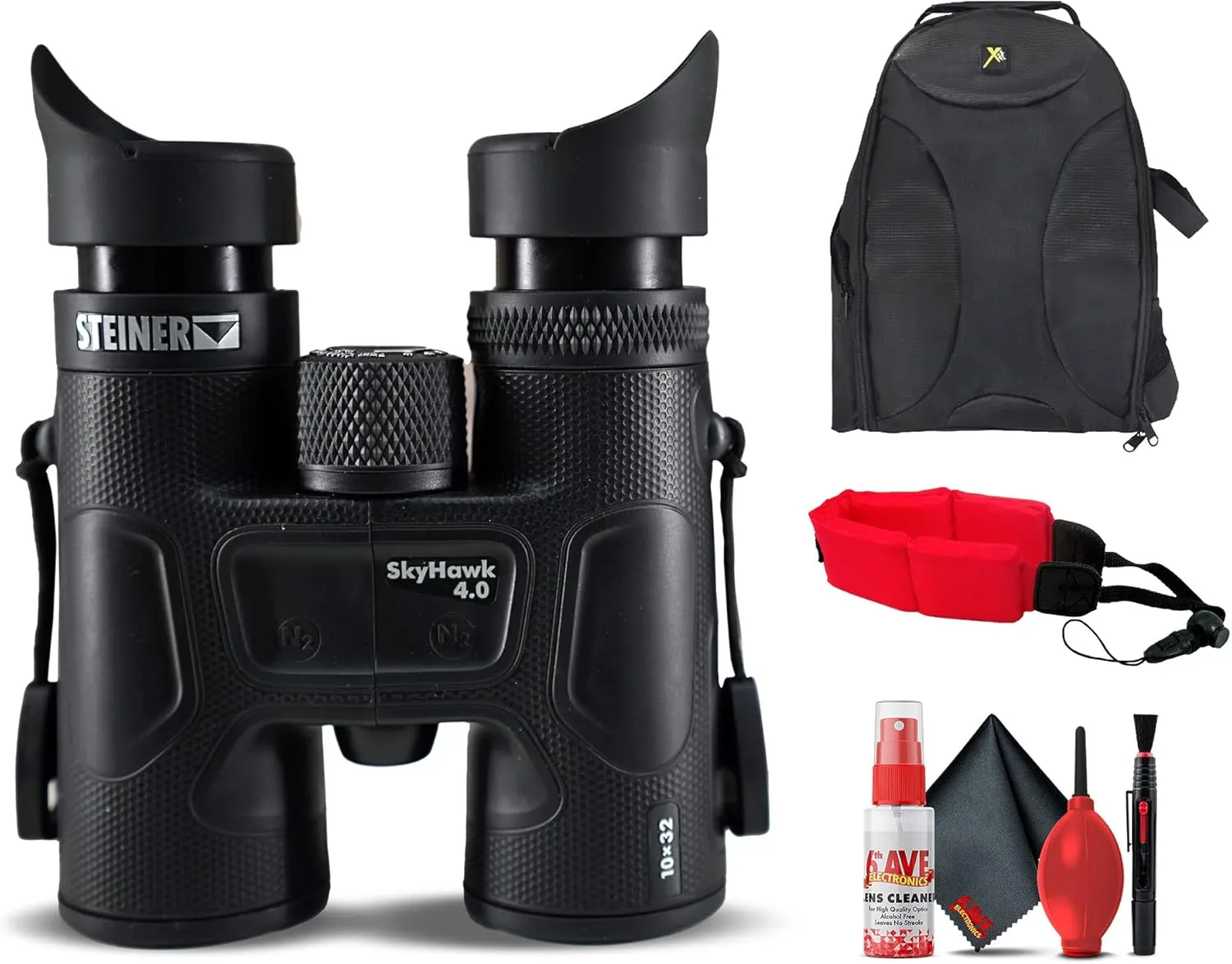 Steiner Skyhawk 4.0 10x32 Binoculars (23370900) Bundle with Padded Backpack, Floating Wrist Strap, and 6Ave Cleaning Kit