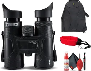 Steiner Skyhawk 4.0 10x32 Binoculars (23370900) Bundle with Padded Backpack, Floating Wrist Strap, and 6Ave Cleaning Kit