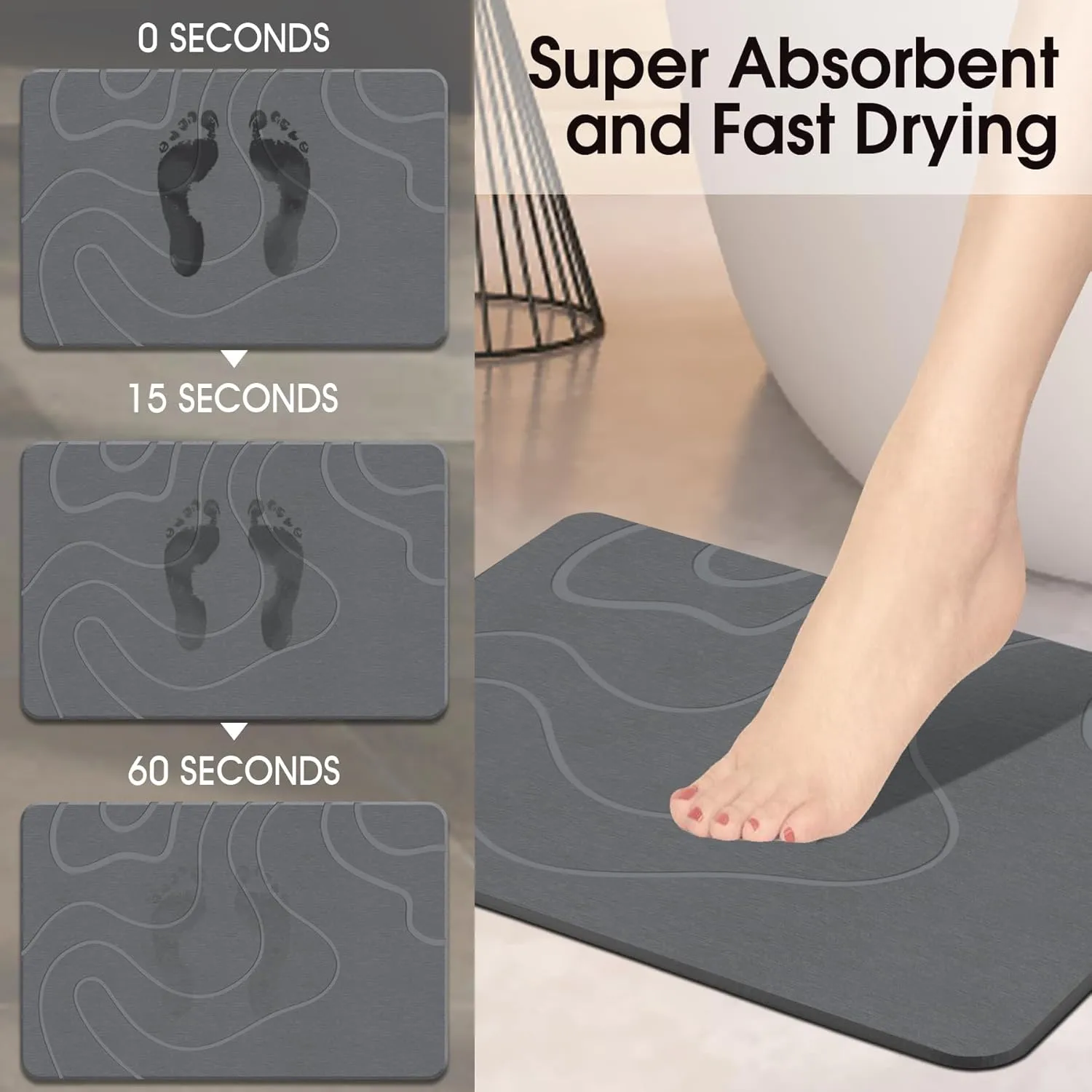 Stone Bath Mat Diatomaceous Earth Shower Mat Non-Slip Super Absorbent Diatomite Stone Mats for Bathroom Floor Quick-Drying Easy to Clean (24''*16'' Grey)