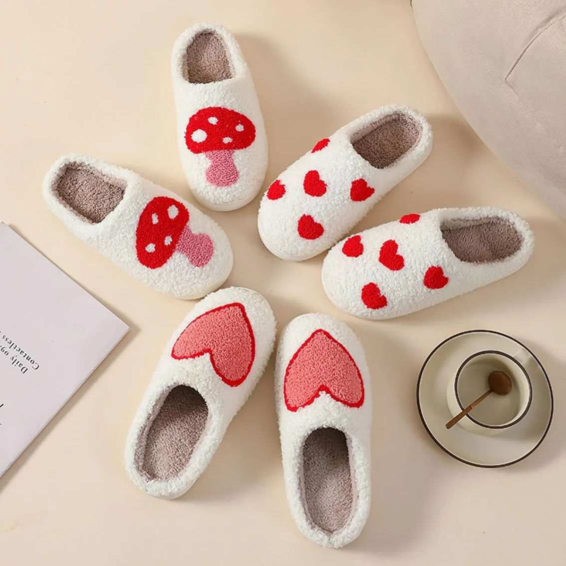 Strawberry Cotton Slippers - Cherry, Love Heart, Cowboy Boot, Fox Cat Designs - Women's Men's Vintage Memory Foam Indoor Household Cloud Slip-On
