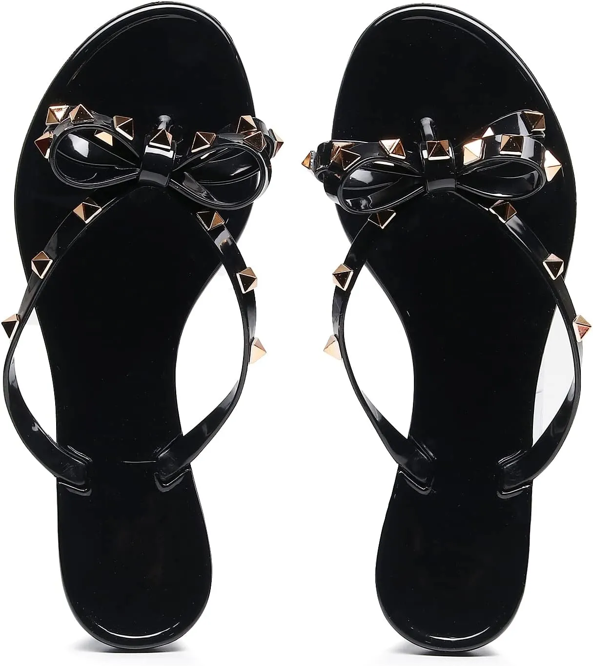 Studded Jelly Shoes for Womens Bow Flip Flops Jellies Sandals Flat Black Summer Beach Thong with Rivets Strappy Slides Slip On