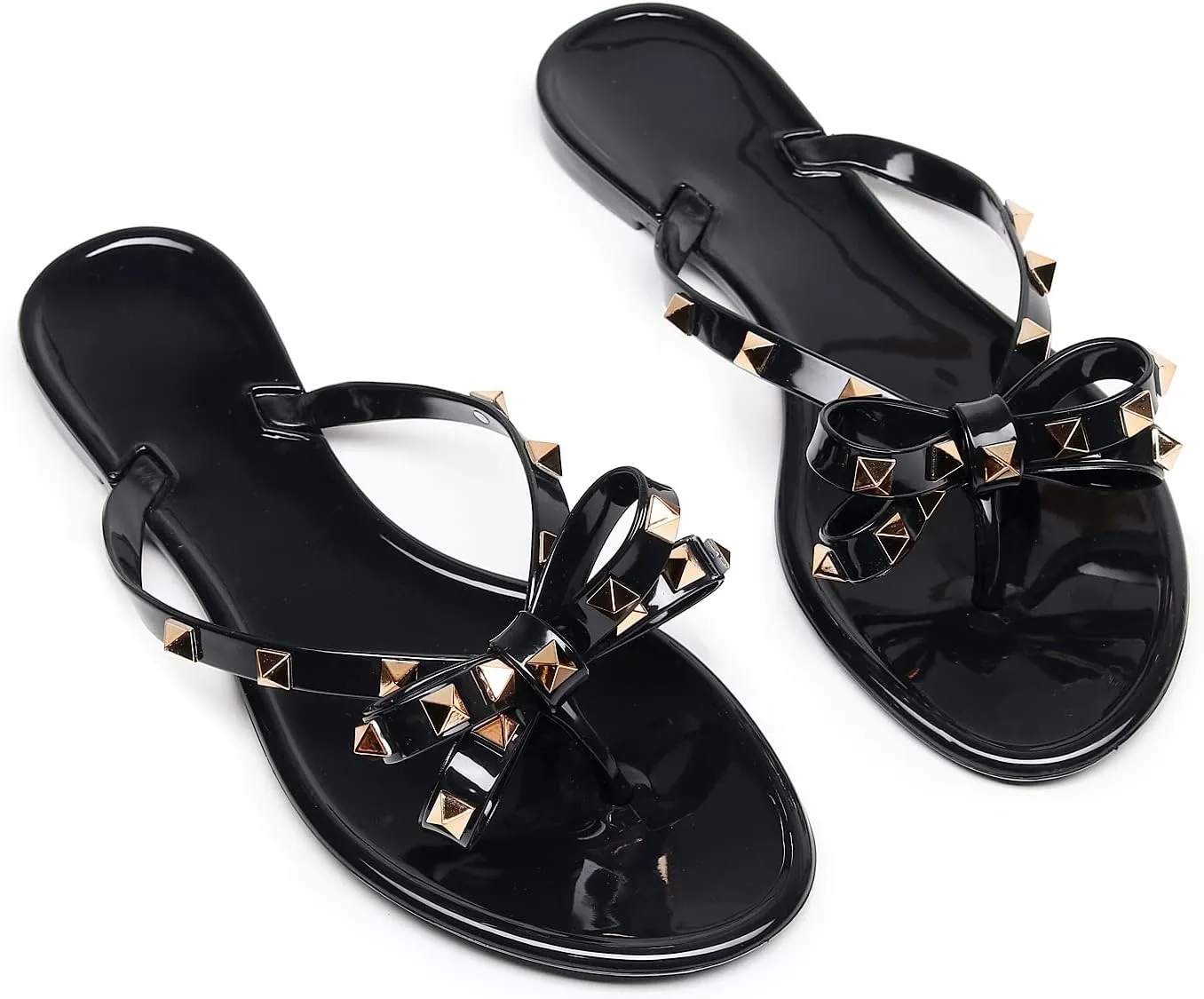 Studded Jelly Shoes for Womens Bow Flip Flops Jellies Sandals Flat Black Summer Beach Thong with Rivets Strappy Slides Slip On