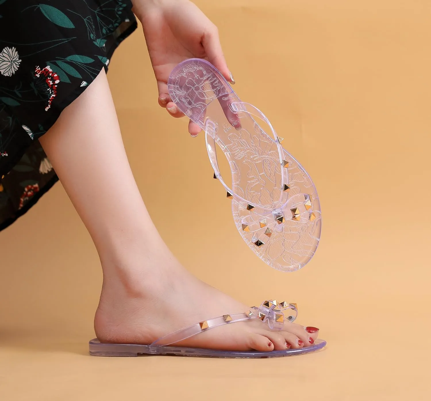 Studded Jelly Shoes for Womens Bow Flip Flops Jellies Sandals Flat Black Summer Beach Thong with Rivets Strappy Slides Slip On