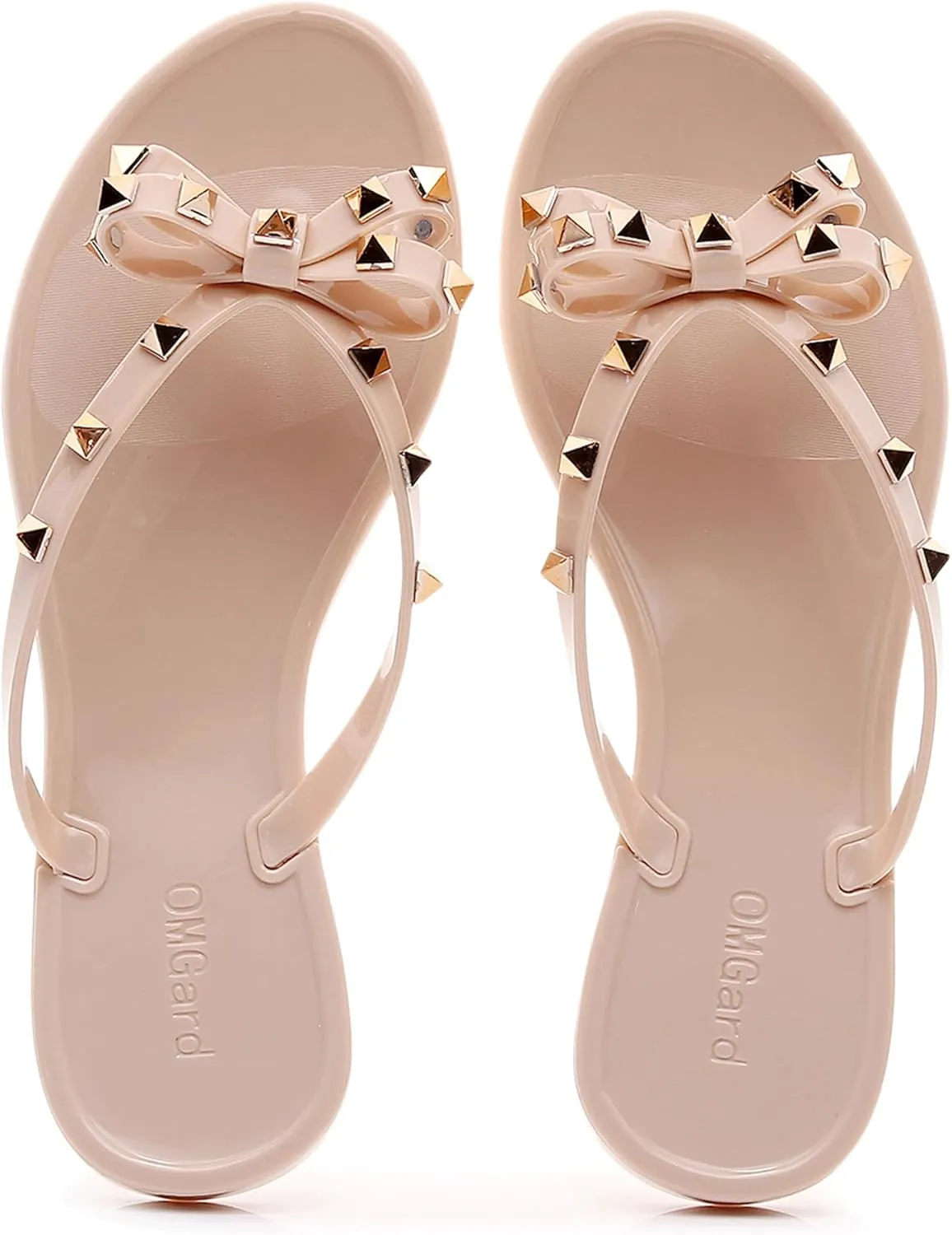 Studded Jelly Shoes for Womens Bow Flip Flops Jellies Sandals Flat Black Summer Beach Thong with Rivets Strappy Slides Slip On