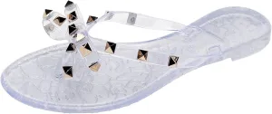 Studded Jelly Shoes for Womens Bow Flip Flops Jellies Sandals Flat Black Summer Beach Thong with Rivets Strappy Slides Slip On