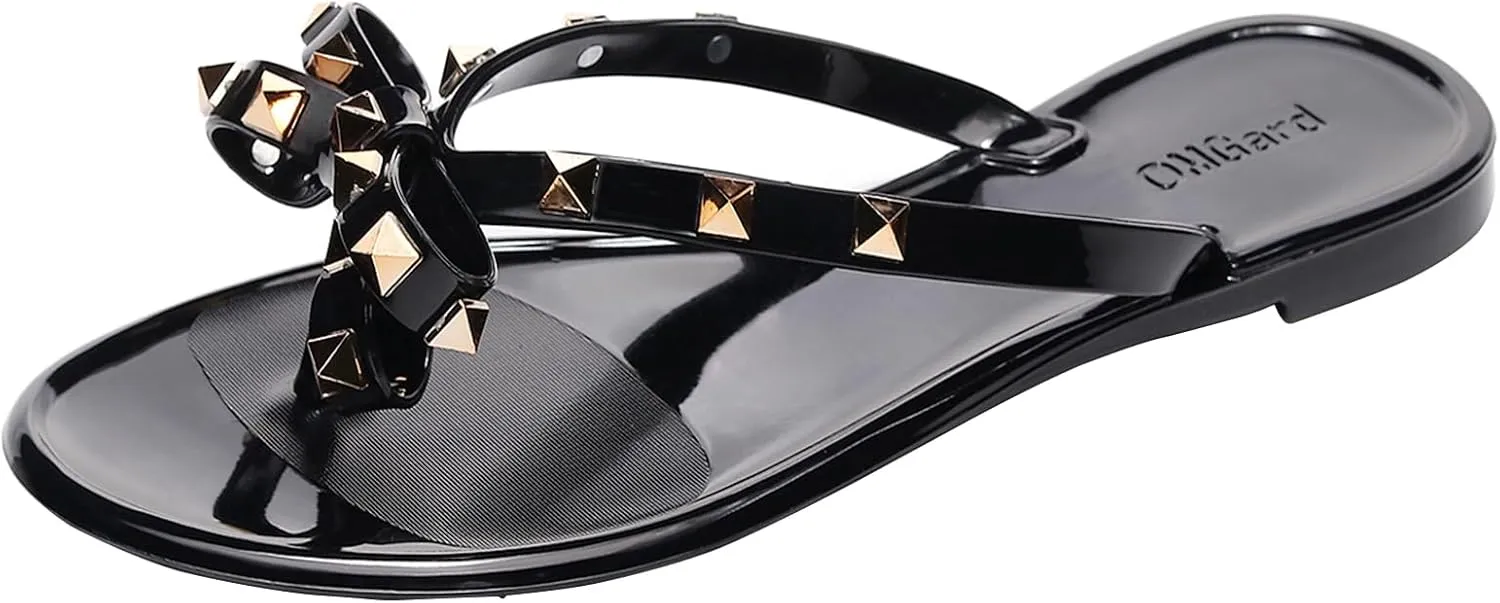 Studded Jelly Shoes for Womens Bow Flip Flops Jellies Sandals Flat Black Summer Beach Thong with Rivets Strappy Slides Slip On
