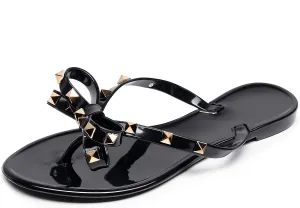 Studded Jelly Shoes for Womens Bow Flip Flops Jellies Sandals Flat Black Summer Beach Thong with Rivets Strappy Slides Slip On