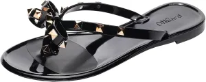 Studded Jelly Shoes for Womens Bow Flip Flops Jellies Sandals Flat Black Summer Beach Thong with Rivets Strappy Slides Slip On