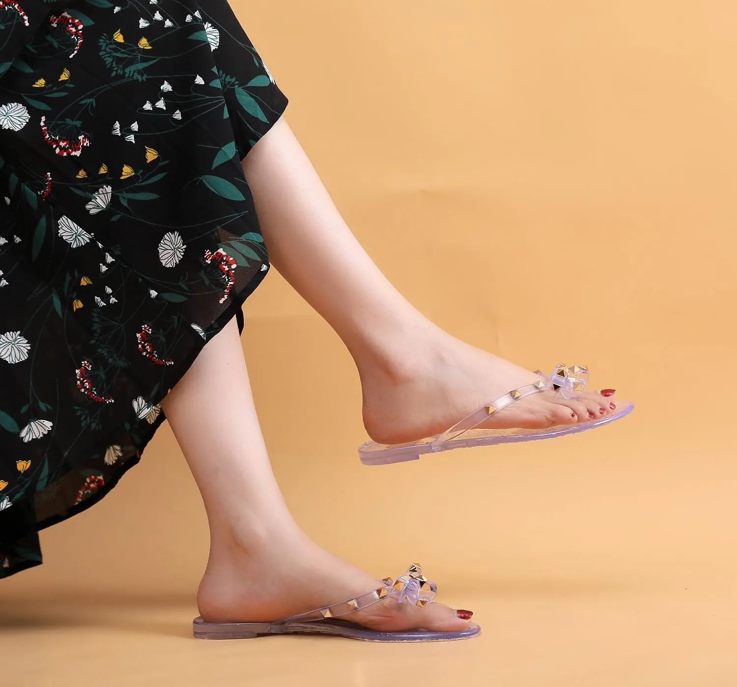 Studded Jelly Shoes for Womens Bow Flip Flops Jellies Sandals Flat Black Summer Beach Thong with Rivets Strappy Slides Slip On