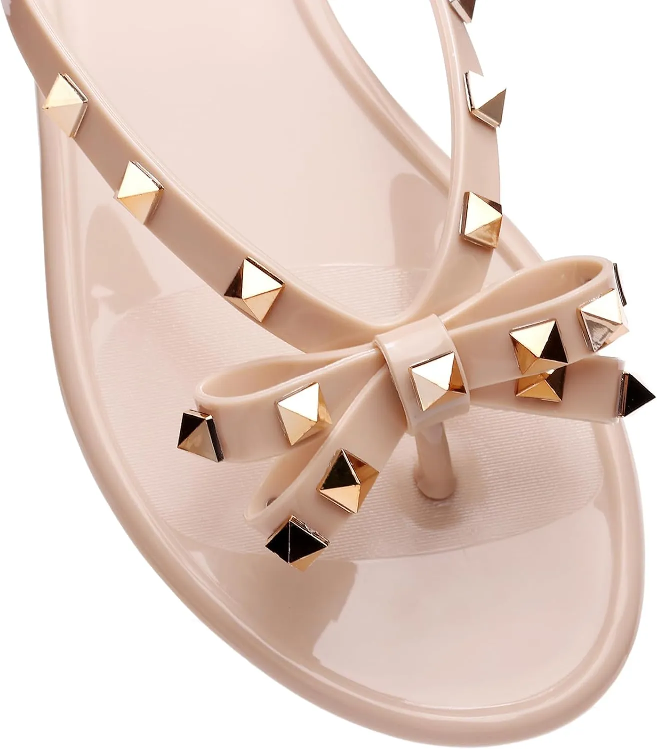 Studded Jelly Shoes for Womens Bow Flip Flops Jellies Sandals Flat Black Summer Beach Thong with Rivets Strappy Slides Slip On
