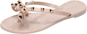 Studded Jelly Shoes for Womens Bow Flip Flops Jellies Sandals Flat Black Summer Beach Thong with Rivets Strappy Slides Slip On
