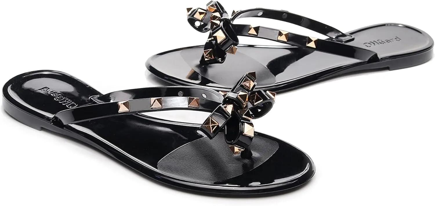 Studded Jelly Shoes for Womens Bow Flip Flops Jellies Sandals Flat Black Summer Beach Thong with Rivets Strappy Slides Slip On