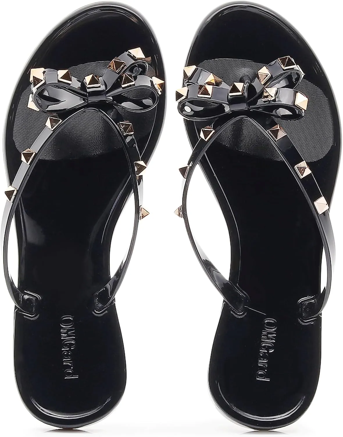 Studded Jelly Shoes for Womens Bow Flip Flops Jellies Sandals Flat Black Summer Beach Thong with Rivets Strappy Slides Slip On