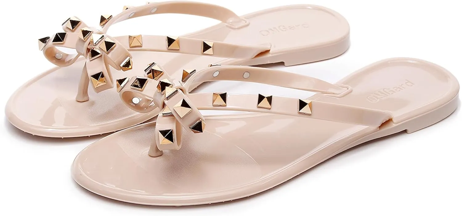 Studded Jelly Shoes for Womens Bow Flip Flops Jellies Sandals Flat Black Summer Beach Thong with Rivets Strappy Slides Slip On