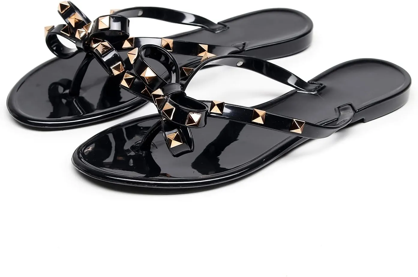 Studded Jelly Shoes for Womens Bow Flip Flops Jellies Sandals Flat Black Summer Beach Thong with Rivets Strappy Slides Slip On