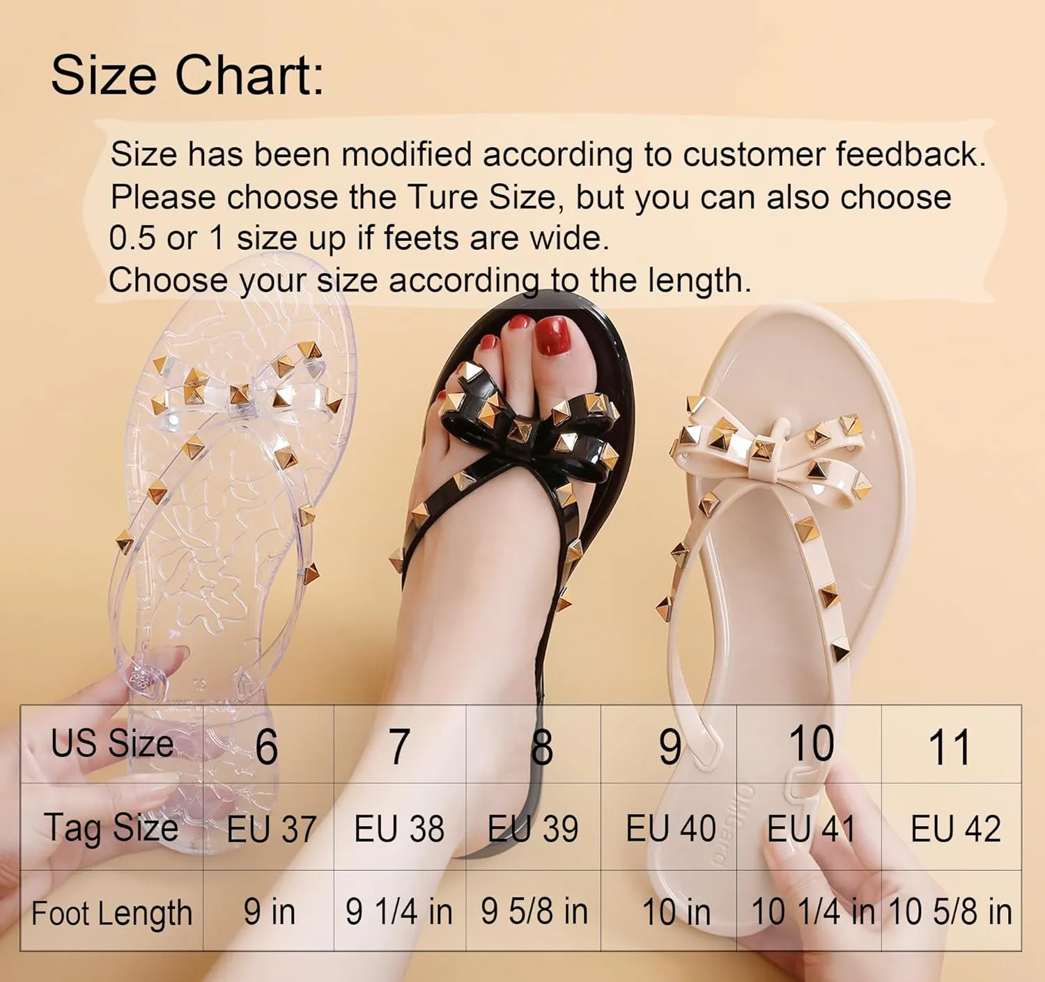 Studded Jelly Shoes for Womens Bow Flip Flops Jellies Sandals Flat Black Summer Beach Thong with Rivets Strappy Slides Slip On