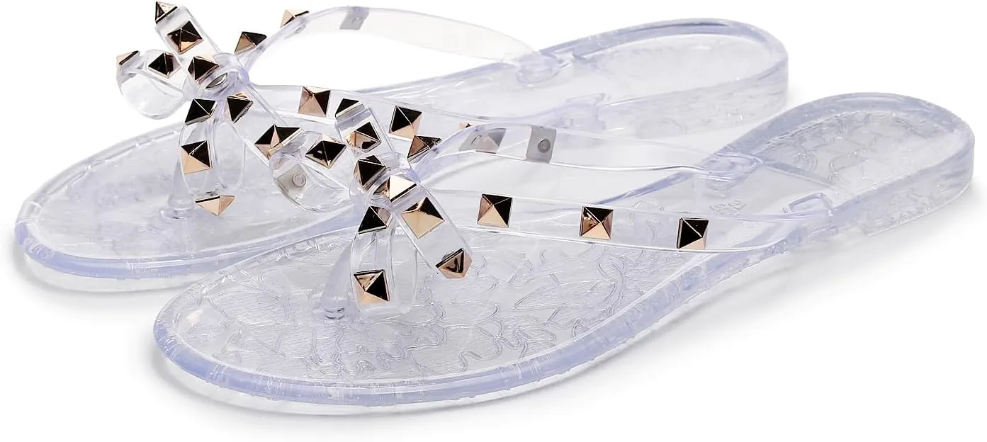 Studded Jelly Shoes for Womens Bow Flip Flops Jellies Sandals Flat Black Summer Beach Thong with Rivets Strappy Slides Slip On