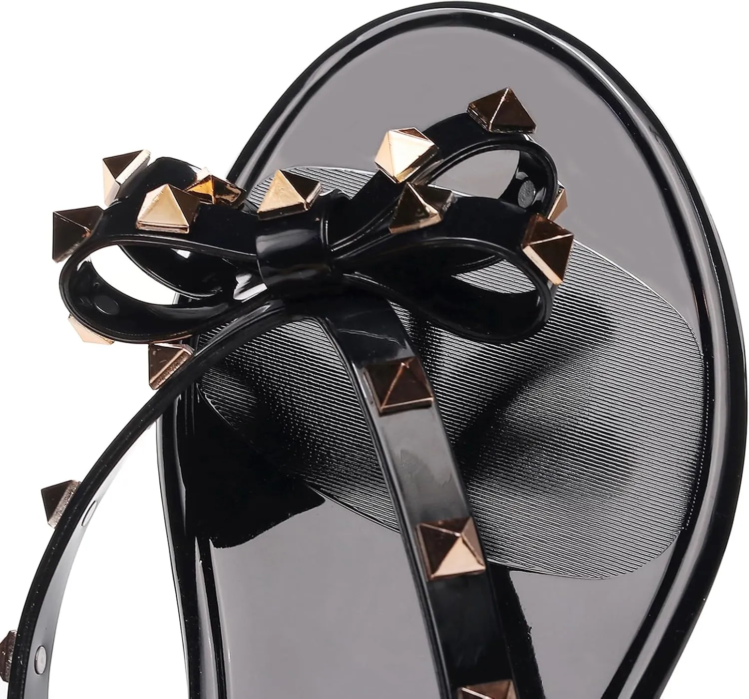 Studded Jelly Shoes for Womens Bow Flip Flops Jellies Sandals Flat Black Summer Beach Thong with Rivets Strappy Slides Slip On