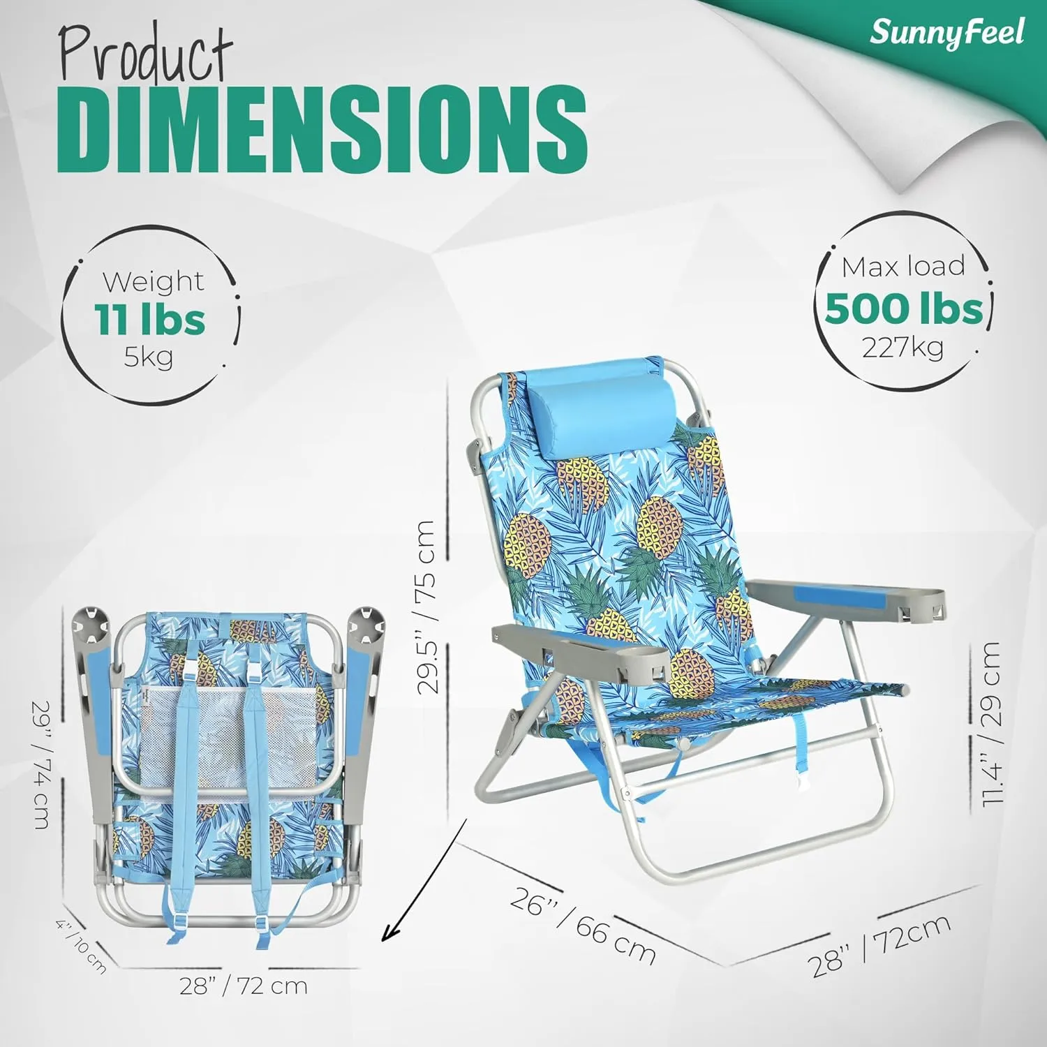 SUNNYFEEL Extra Wide 28" Low Beach Chair 5 Position Lay Flat, XL Oversized Portable Folding Camping Chairs with Cup Holder for Outdoor/Trip, Lightweight Foldable Backpack Beach Chair for Adults