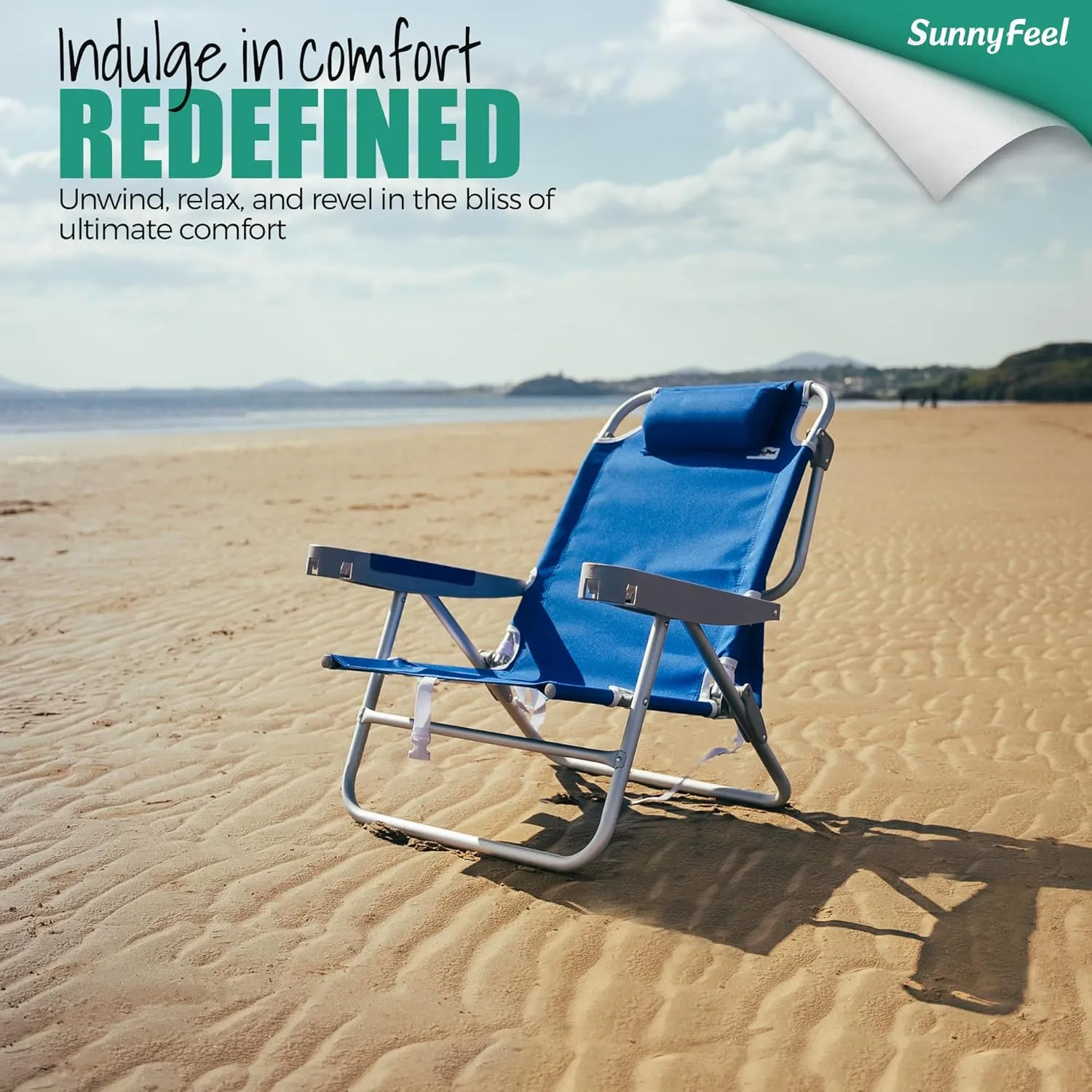 SUNNYFEEL Extra Wide 28" Low Beach Chair 5 Position Lay Flat, XL Oversized Portable Folding Camping Chairs with Cup Holder for Outdoor/Trip, Lightweight Foldable Backpack Beach Chair for Adults