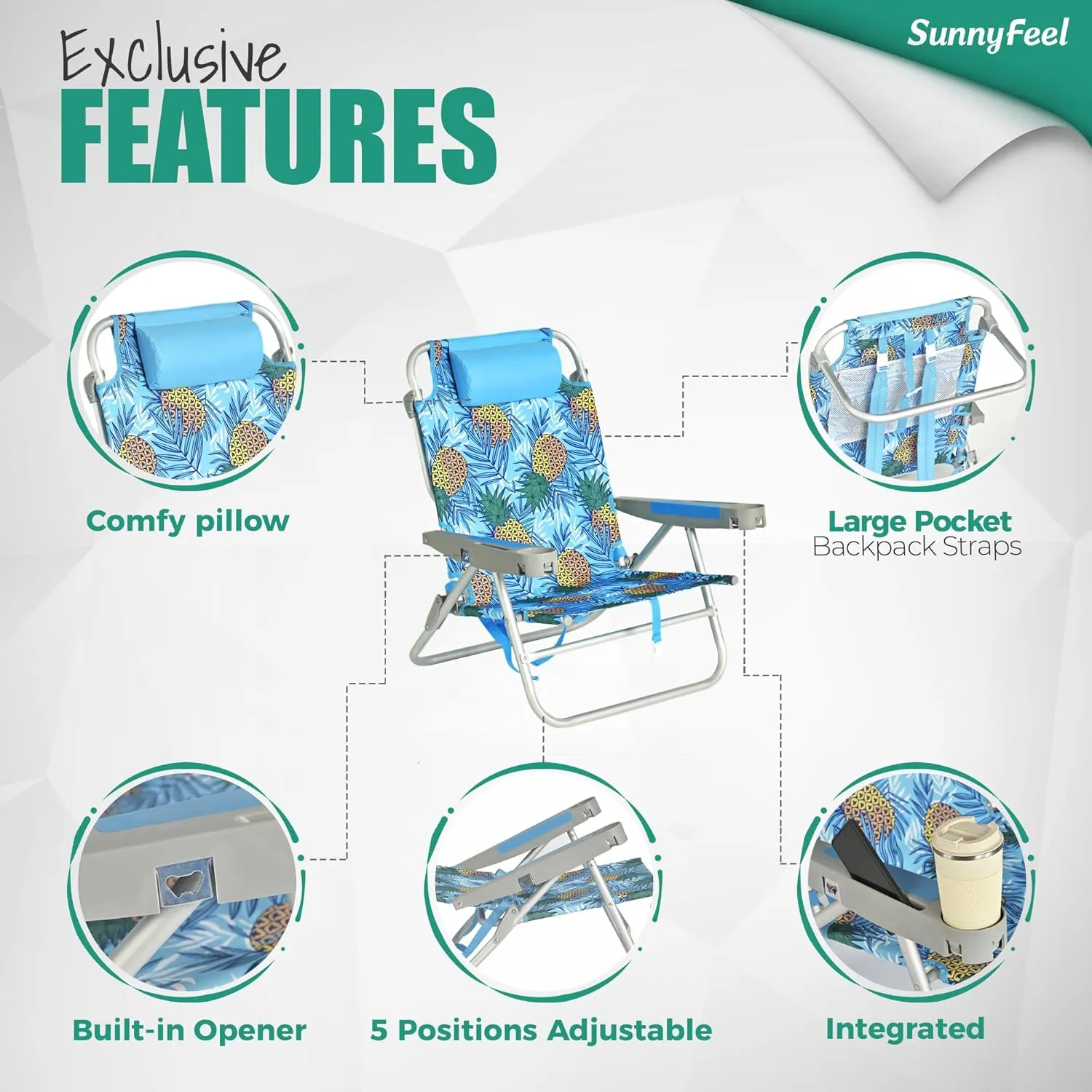 SUNNYFEEL Extra Wide 28" Low Beach Chair 5 Position Lay Flat, XL Oversized Portable Folding Camping Chairs with Cup Holder for Outdoor/Trip, Lightweight Foldable Backpack Beach Chair for Adults