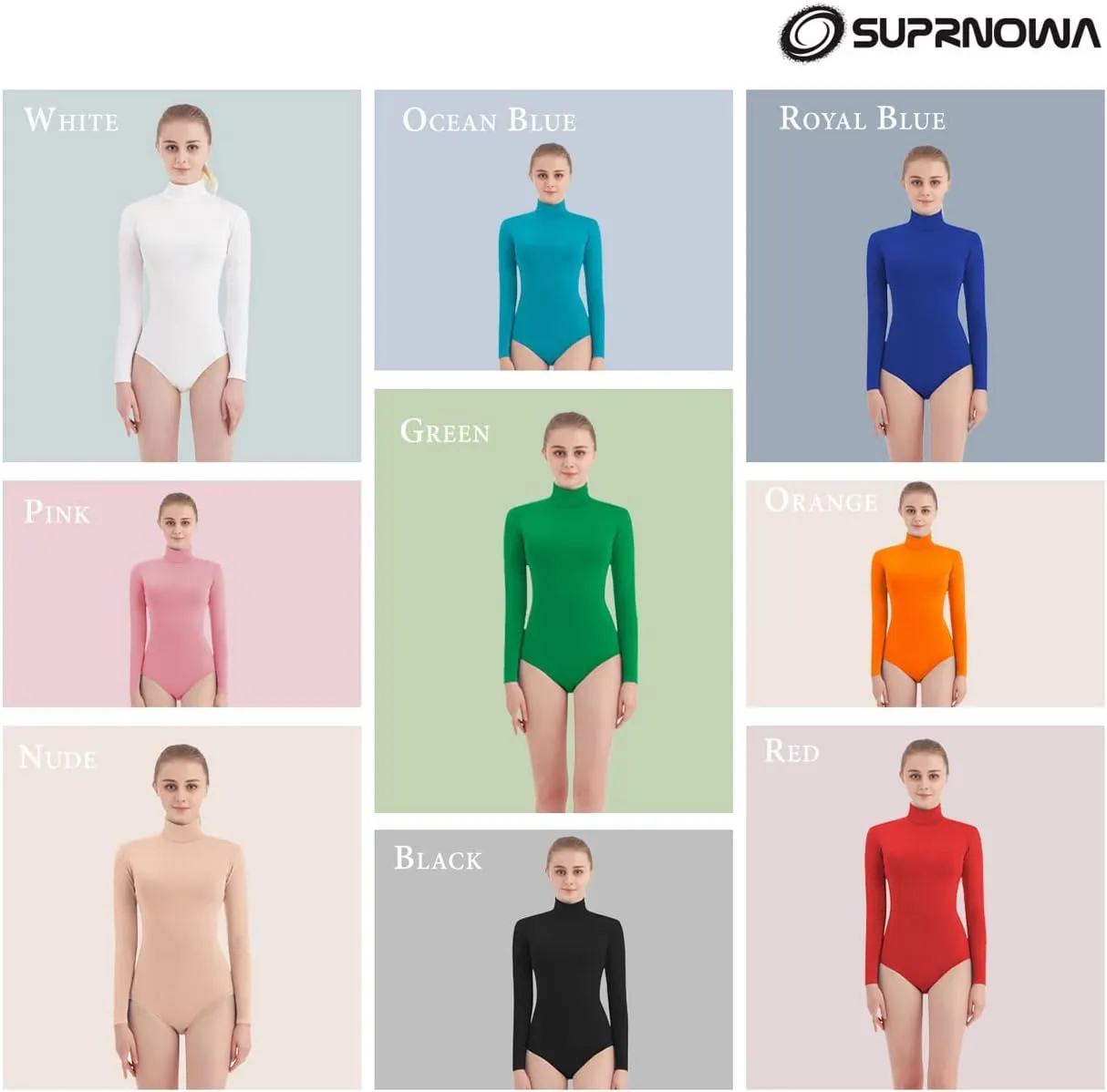 SUPRNOWA Turtleneck Leotard Long Sleeves Spandex Dance Workout Fitness Bodysuit for Women