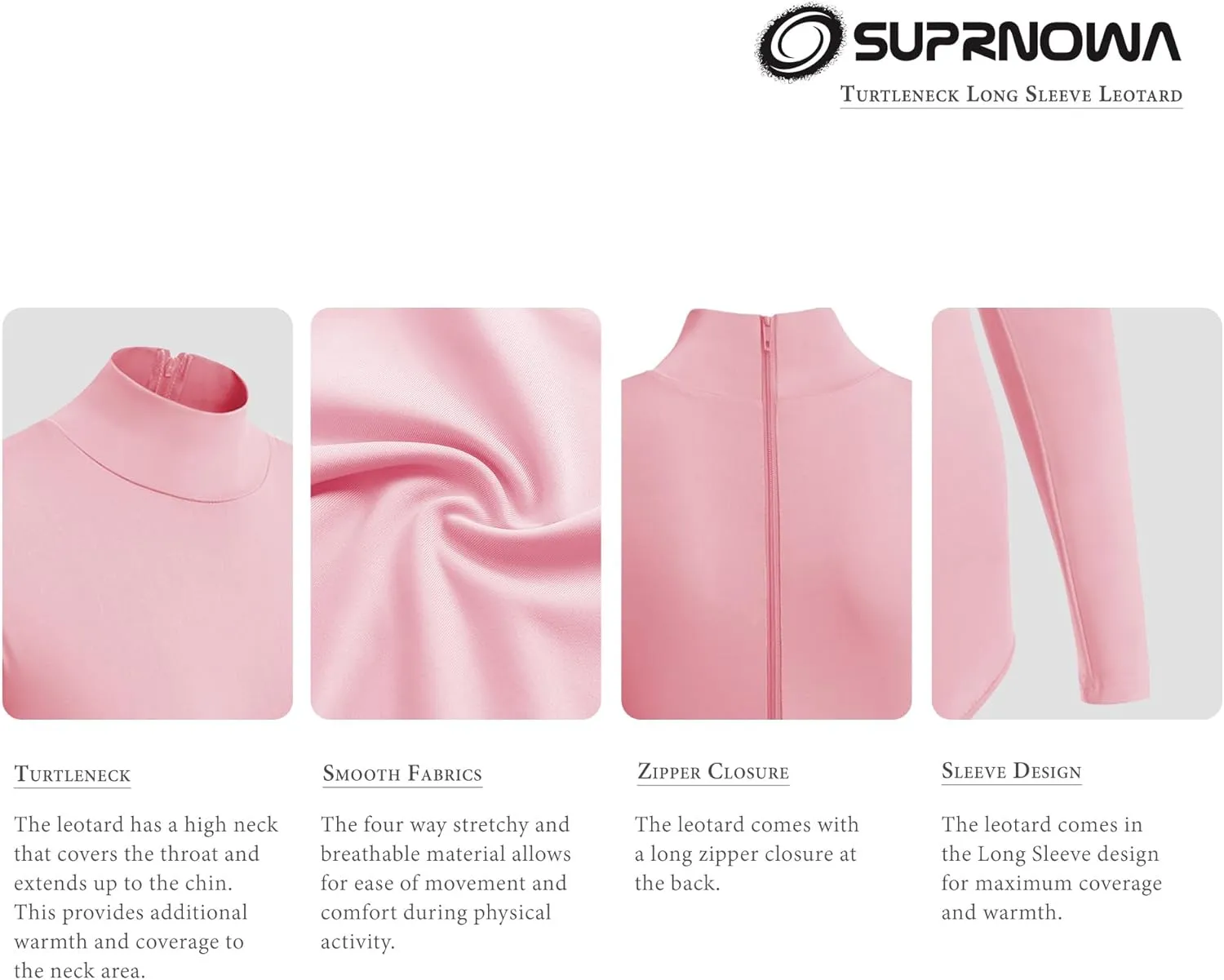 SUPRNOWA Turtleneck Leotard Long Sleeves Spandex Dance Workout Fitness Bodysuit for Women
