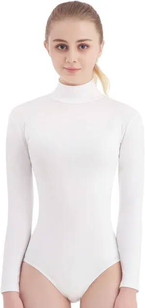 SUPRNOWA Turtleneck Leotard Long Sleeves Spandex Dance Workout Fitness Bodysuit for Women