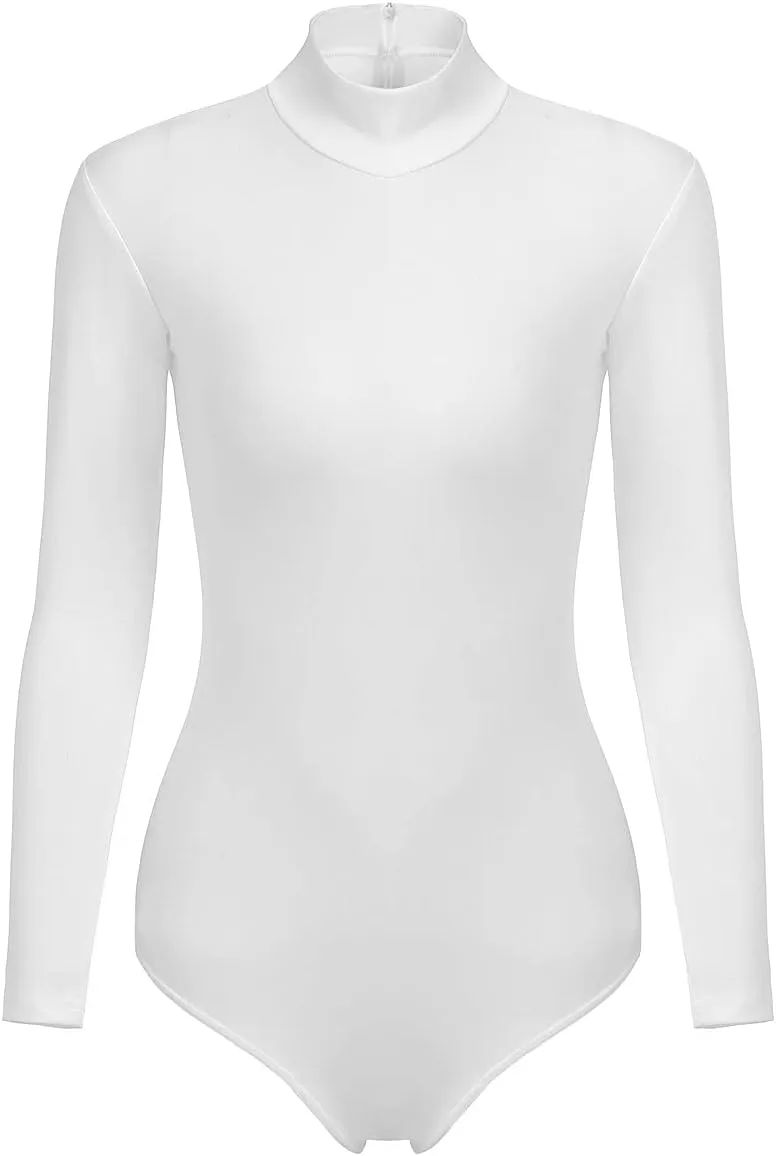SUPRNOWA Turtleneck Leotard Long Sleeves Spandex Dance Workout Fitness Bodysuit for Women