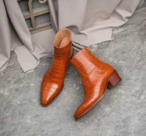Tan Croc Print Leather Lazzer Slip On Zipper Pointed Boots