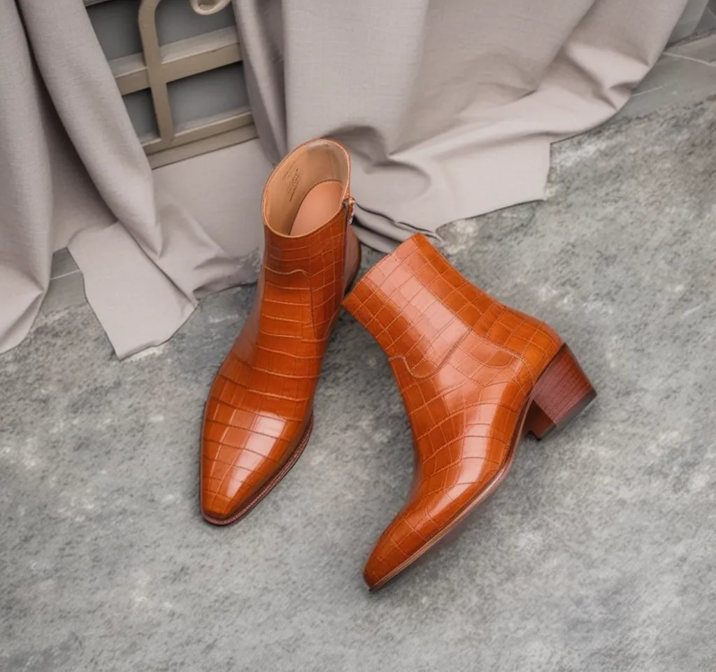 Tan Croc Print Leather Lazzer Slip On Zipper Pointed Boots