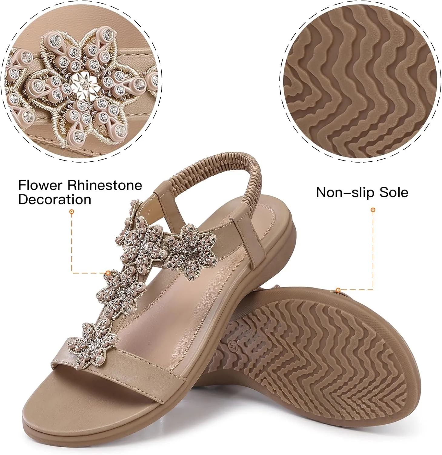 TEMOFON Flats Sandals for Women Dressy: Summer Elastic Ankle Strap Flat Sandals - Comfortable Beach Women