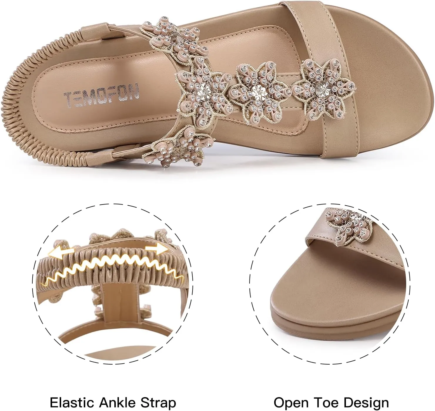 TEMOFON Flats Sandals for Women Dressy: Summer Elastic Ankle Strap Flat Sandals - Comfortable Beach Women